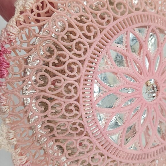 Handmade Kitschy Wall Hanging Crochet Flower Aluminum Bowl Pink Plastic Doily VT - Picture 7 of 8